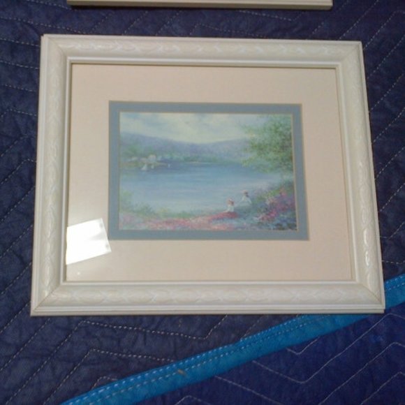 TWO WOMEN WATCHING SAILBOATS ON A SERENE LAKE PRINT IN IVORY WOOD FRAME & 2 MATS - Picture 1 of 8
